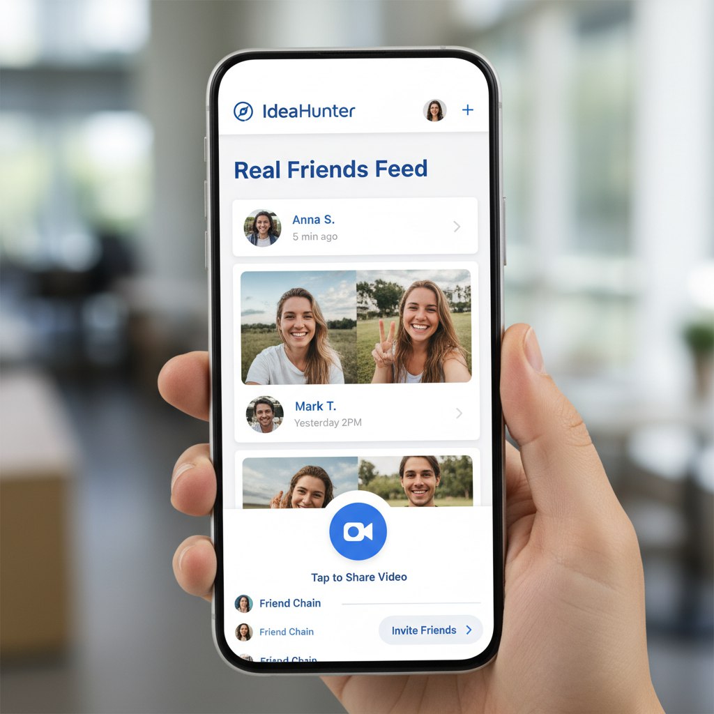 Real Friends Feed mobile app interface showing chronological friend updates