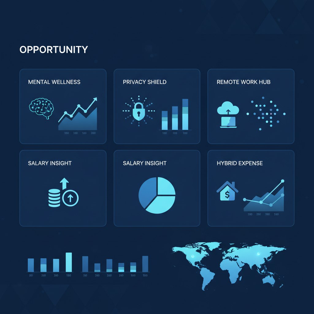 Five Business Opportunities Dashboard - Mental Wellness, Privacy Shield, Remote Work Hub, Salary Insight, Hybrid Expense